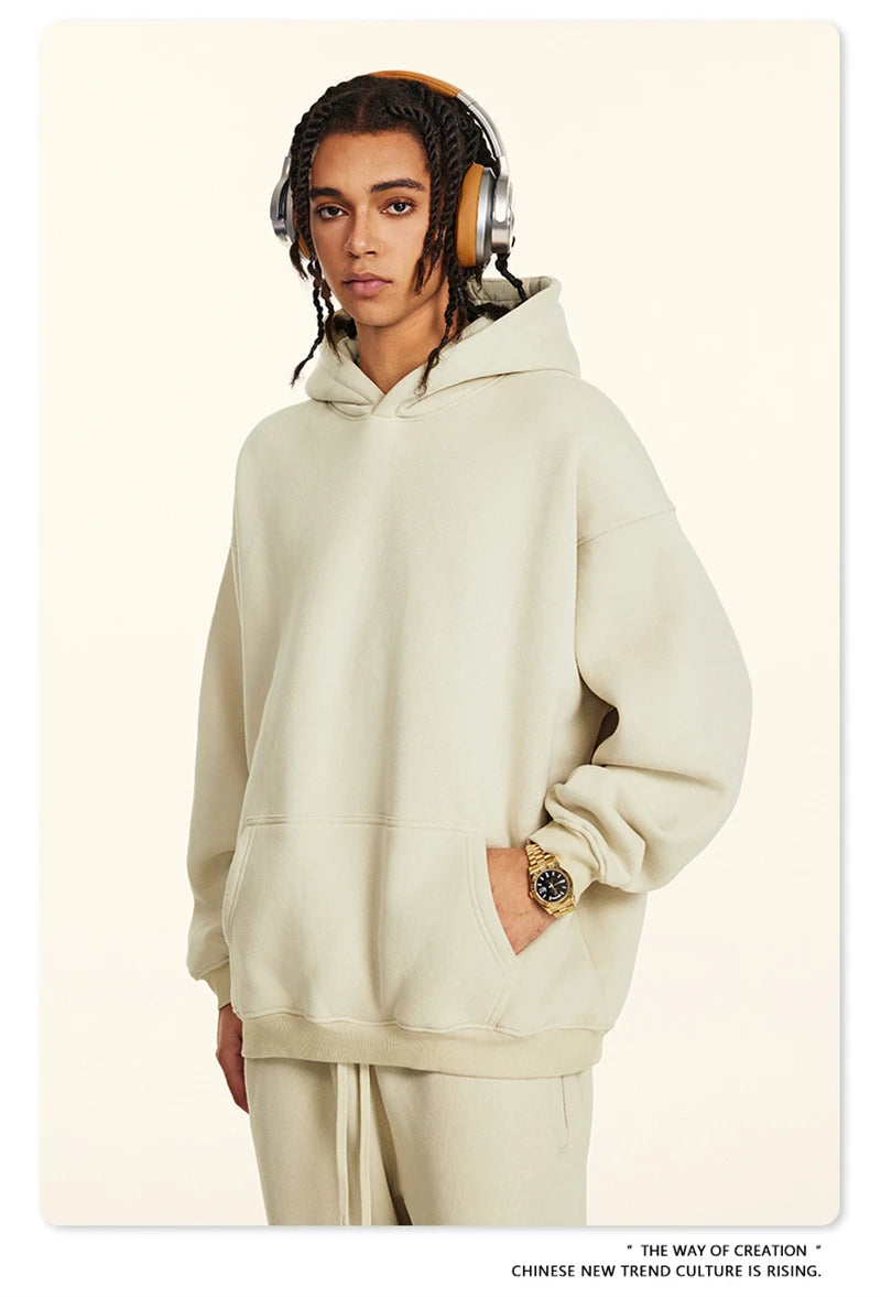 ZODF New 2024 Autumn Winter Men 345gsm Fleece Hoodies Unisex Women Relax Fit Warm Solid Hooded Pullovers Sweatshirts HY0863