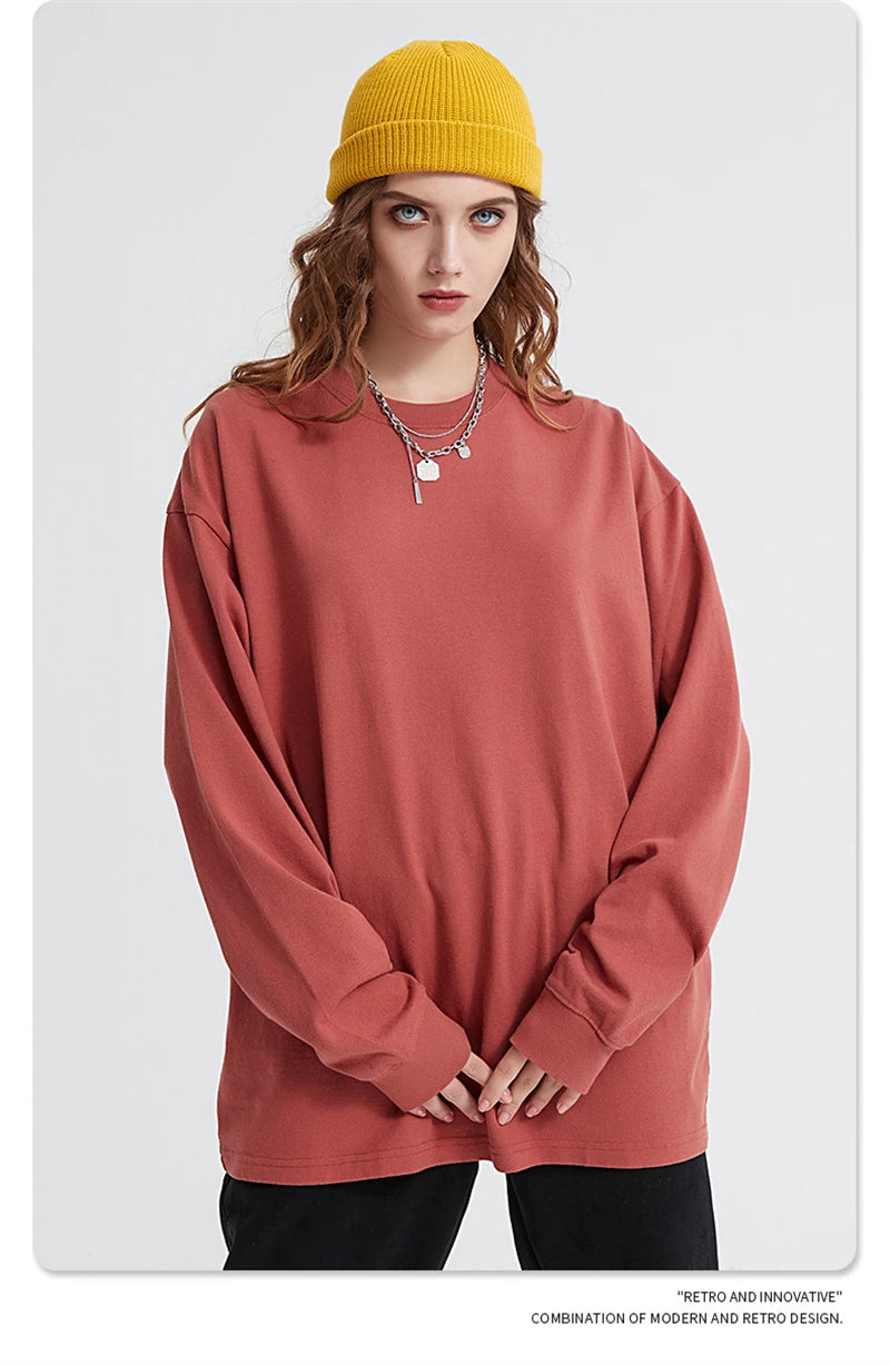 ZODF Retro Autumn Full Sleeve Washed 100% Cotton T-Shirts For Men Unisex Solid Casual Loose 310gsm Tee Brand Tops HY0405