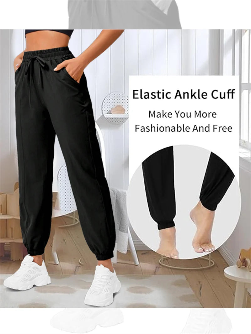 Loose running and fitness pants, women's side pockets, outdoor casual sports pants, ankle tied yoga pants