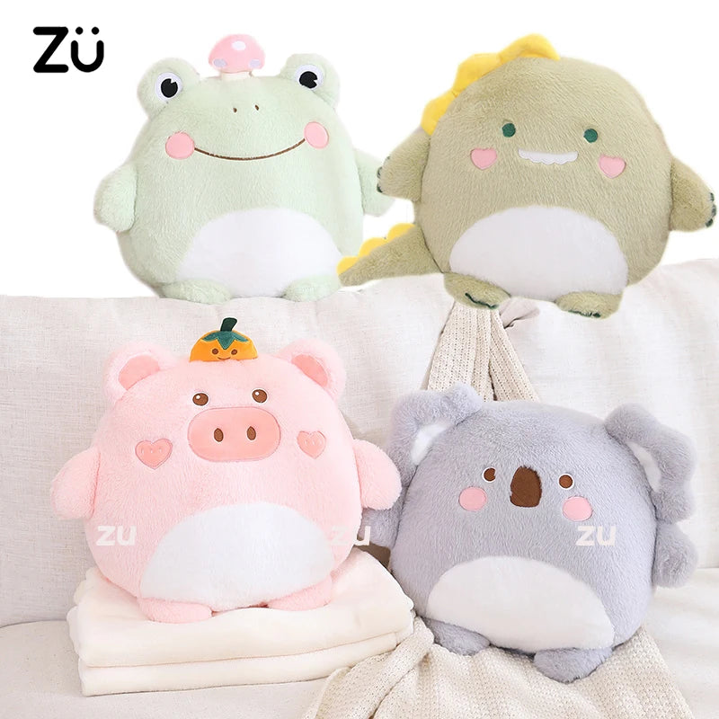 ZU Cute Stuffed Animal Frog Dino Koala Plush Pillows 2-in-1 Soft Coral Fleece Pillow Blanket Car Sofa Back Cushions Xmas Gift