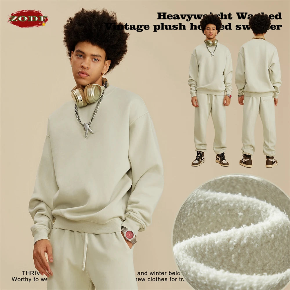 ZODF New Men Winter 355gsm Washed Fleece Sweatshirts Retro Unisex Oversized Solid O-Neck Warm Pullovers Coat Streetwears HY0639