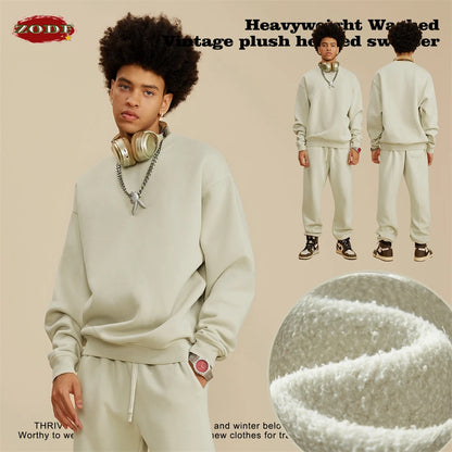ZODF New Men Winter 355gsm Washed Fleece Sweatshirts Retro Unisex Oversized Solid O-Neck Warm Pullovers Coat Streetwears HY0639
