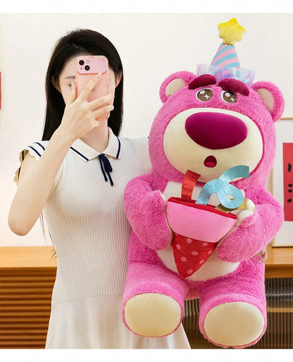 Disney Plush Strawberry Bear Doll with Birthday Hat Cute Stuffed Animal for Kids Birthday Xmas Gift Perfect Toy for Children And