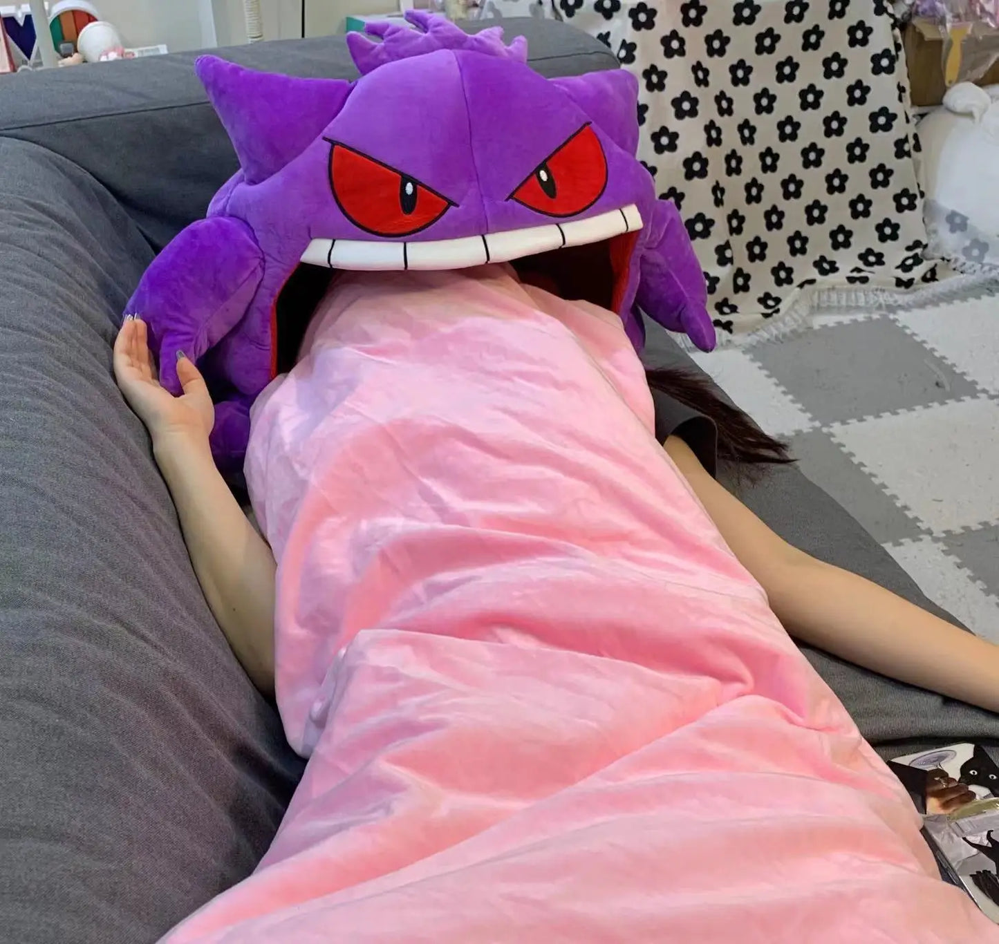 New Pokemon Gengar Cartoon Anime Kawaii Elf Sleep Pillow Dual Purpose Nap Blanket Toys Doll Super Soft Big Mouth Gifts
