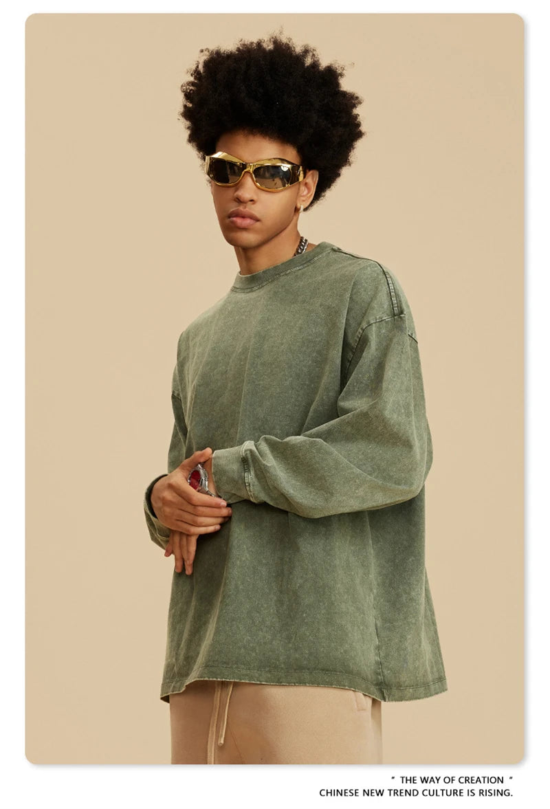 ZODF Retro 2025 Men Autumn Batik Washed T Shirt Unisex Oversized Basic Long Sleeve Solid 270gsm Cotton T-Shirts Tees HY0641