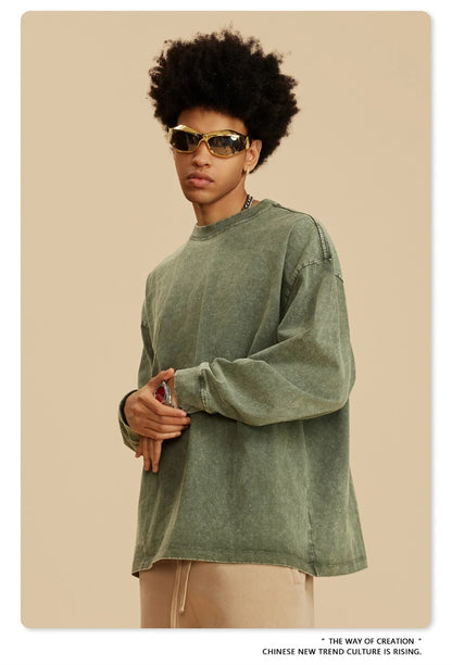 ZODF Retro 2025 Men Autumn Batik Washed T Shirt Unisex Oversized Basic Long Sleeve Solid 270gsm Cotton T-Shirts Tees HY0641