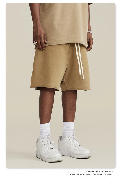 ZODF New Summer Men Retro Washed Shorts Unisex Drawstring Loose Edge 420gsm Solid Knee Length Cotton Pants Streetwears HY0589