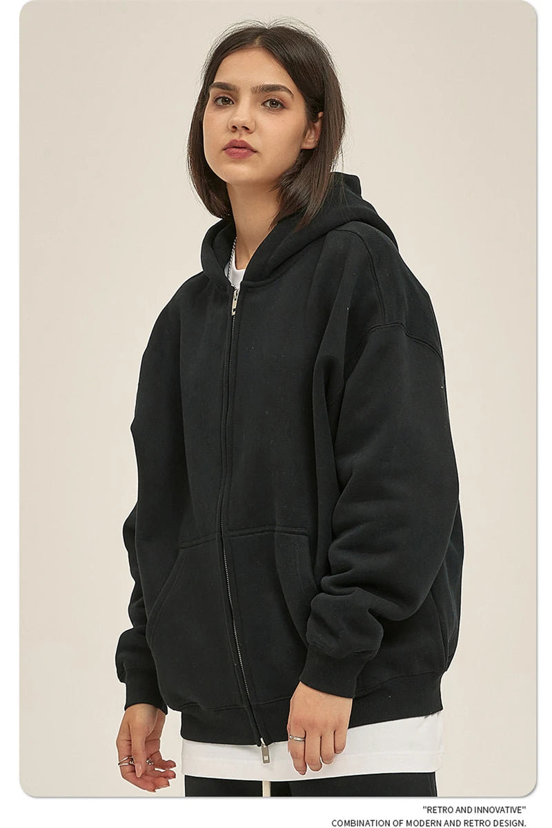 ZODF New Men Double Headed Zipper Fleece Hoodies Unisex Loose Basic Solid Warm Hooded Sweatshirts Coats For Winter HY0633