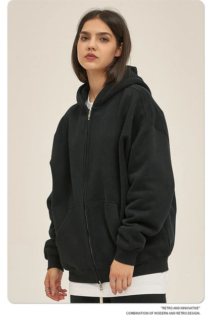 ZODF New Men Double Headed Zipper Fleece Hoodies Unisex Loose Basic Solid Warm Hooded Sweatshirts Coats For Winter HY0633