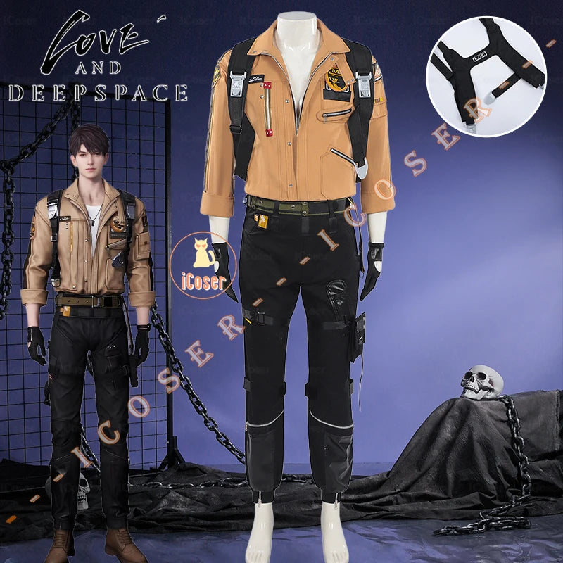 Love and Deepspace Caleb Cosplay Costume Wig Brown Flying Jacket Supersonic Uniforms Halloween Party for Women Men Outfit Props