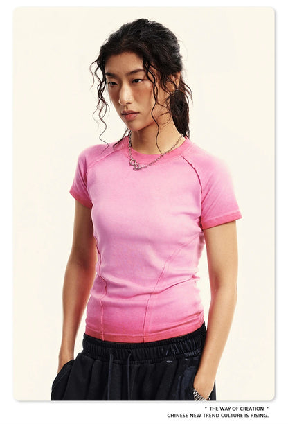 ZODF 2024 Summer Hotweet Washed T Shirt For Women Girls Gradient Raglan Sleeve Comfortable Short Tees Brand Tees HY0826