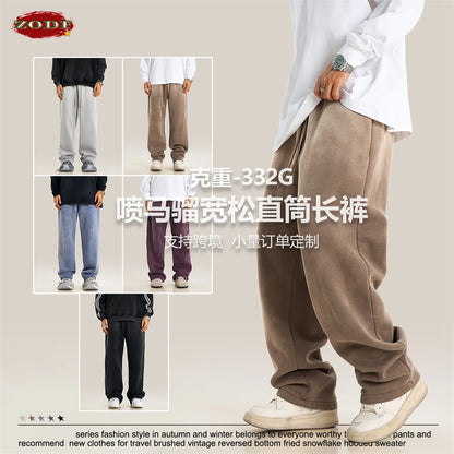 ZODF Retro Winter Monkey Washed Fleece Pants For Men Unisex Washed High Street 332gsm Warm Oversized Straight Trousers HY0892