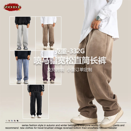 ZODF Retro Winter Monkey Washed Fleece Pants For Men Unisex Washed High Street 332gsm Warm Oversized Straight Trousers HY0892