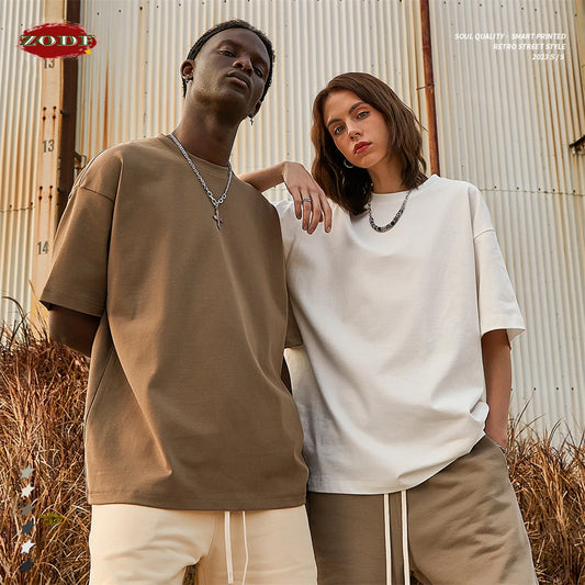ZODF New 2025 Heavy Weight Summer Solid T Shirts For Men Unisex High Street Oversized 385gsm Cotton T-Shirt Streetwears HY0497