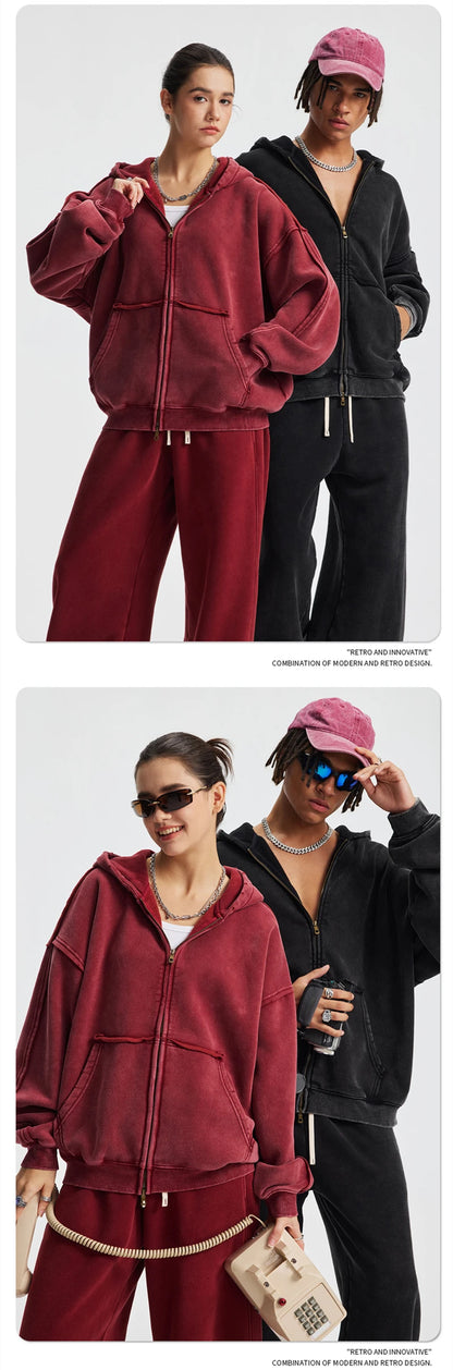 ZODF Vintage Man's Batik Washed Fleece Zipper Hoodie Unisex Winter Warm Distressed Hooded Coat Pullovers Brand Clothing HY1146