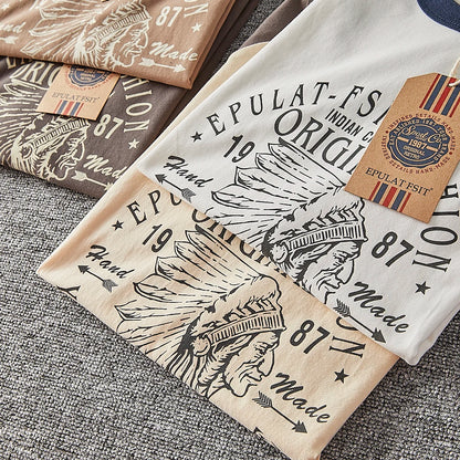 Summer New American Retro Short-sleeved O-neck Letter Printed T-shirt Men's Fashion Simple 100% Cotton Washed Casual Sport Tops