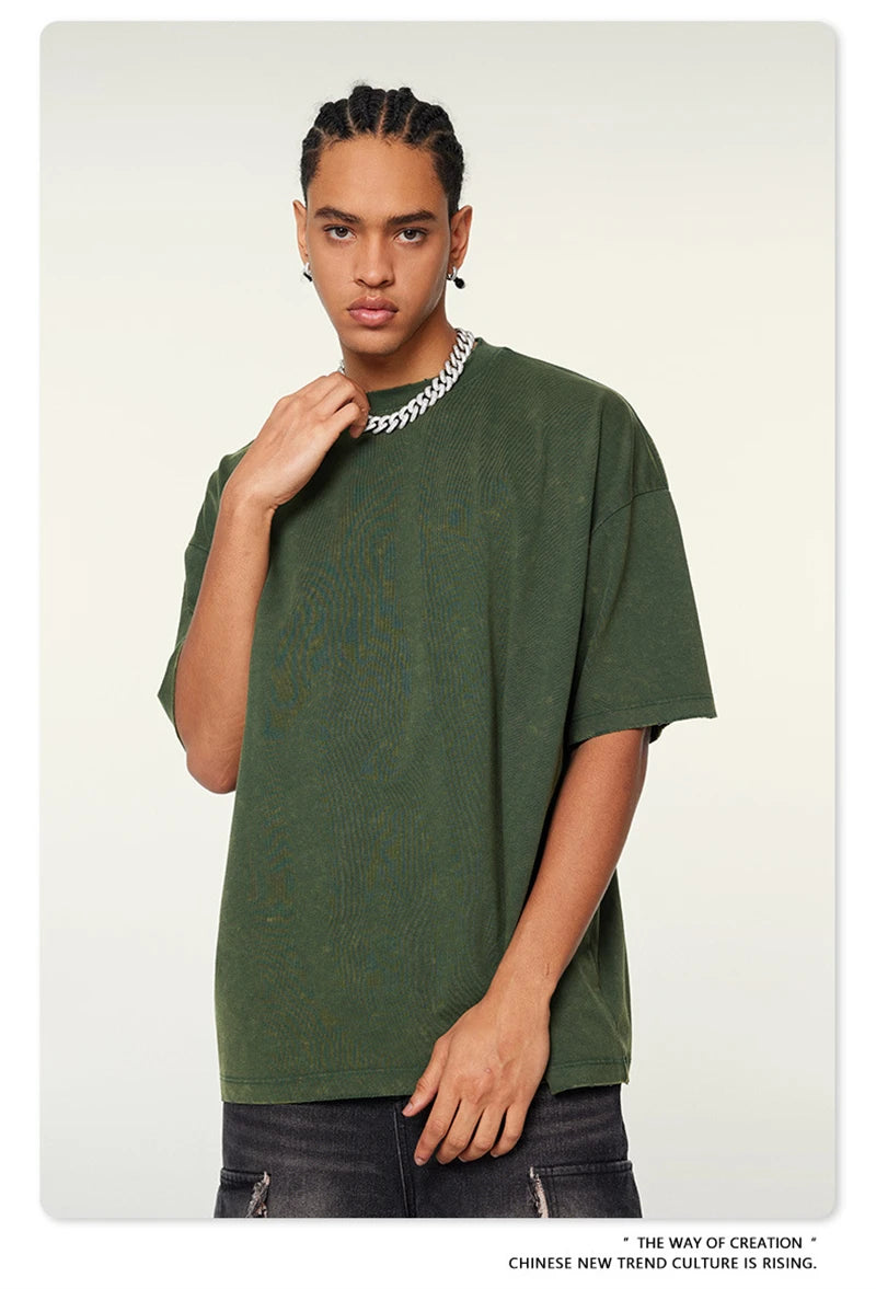 ZODF Vintage 2024 Summer Men Washed Solid 230gsm T-Shirts Unisex Ripped Breathable Quick Dry Cooling Feeling T Shirt Tees HY0801