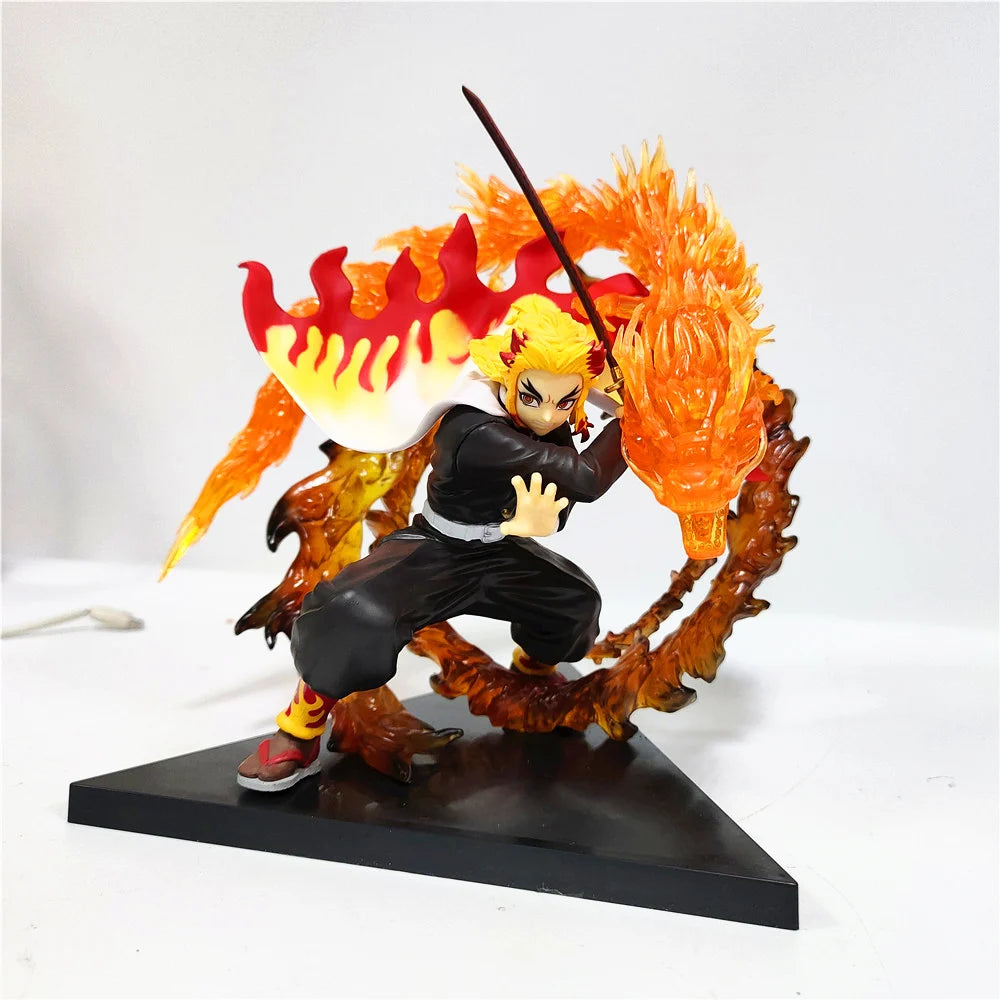 Demon Slayer Rengoku Kyoujurou Anime Figures Fire Led Scene DIY PVC Action Figure Toys Kimetsu no Yaiba Figurine Kids Doll 14cm