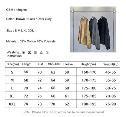 ZODF Vintage Winter Men Distressed 450gsm Hoodies Unisex High Street Ripped Holes Elastic Hem Hooded Pullovers Coat HY0932