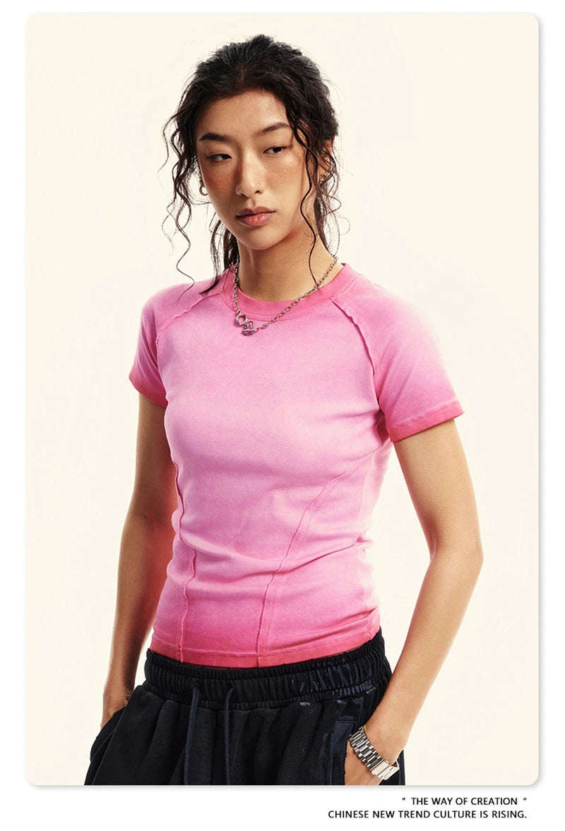 ZODF 2024 Summer Hotweet Washed T Shirt For Women Girls Gradient Raglan Sleeve Comfortable Short Tees Brand Tees HY0826