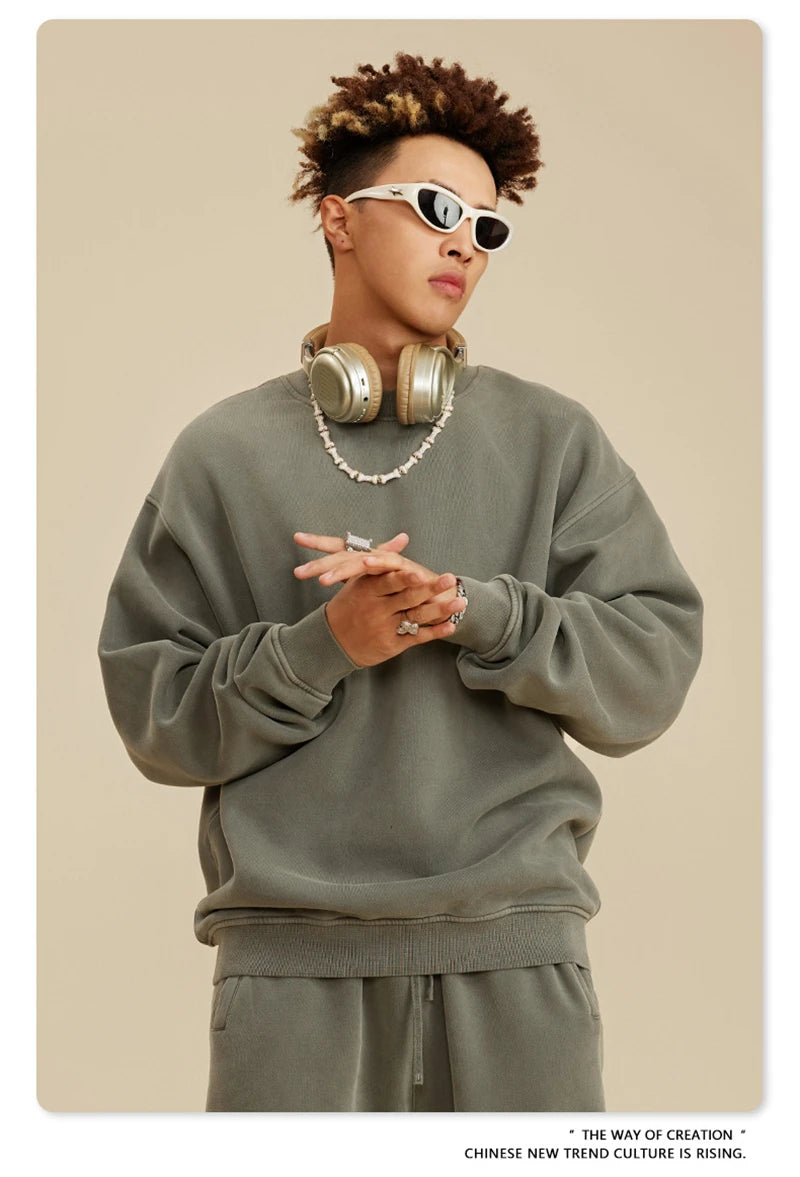 ZODF New Men Winter 355gsm Washed Fleece Sweatshirts Retro Unisex Oversized Solid O-Neck Warm Pullovers Coat Streetwears HY0639
