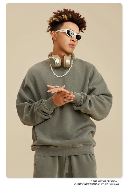 ZODF New Men Winter 355gsm Washed Fleece Sweatshirts Retro Unisex Oversized Solid O-Neck Warm Pullovers Coat Streetwears HY0639