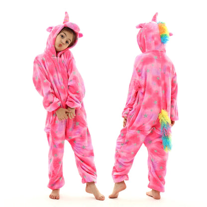 Kawaii Girls Pajamas Winter Purple Unicorn Onesie Hooded Plush Kigurumi Jumpsuit Blanket Sleeper Warm Overall Kids Nightwear Pjs