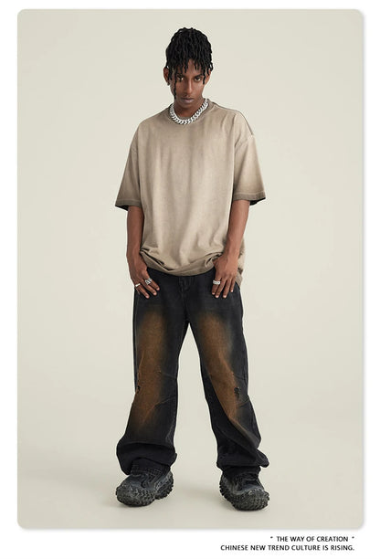 ZODF 2023 Men's Summer 255G Wash Gradient Fried Cotton T Shirt Round Neck Short Sleeve American Retro Loose T-Shirt HY0547