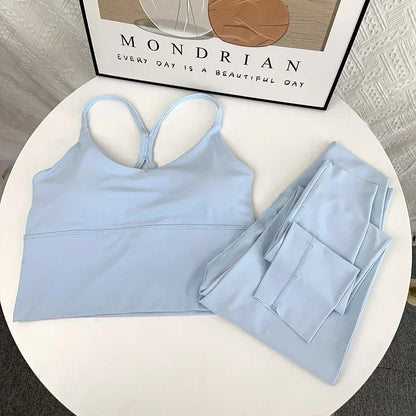 2 Piece Yoga Set Sportswear Fitness Suit with Sexy Cross Back Top and High Waist Elastic Leggings for Running Workout
