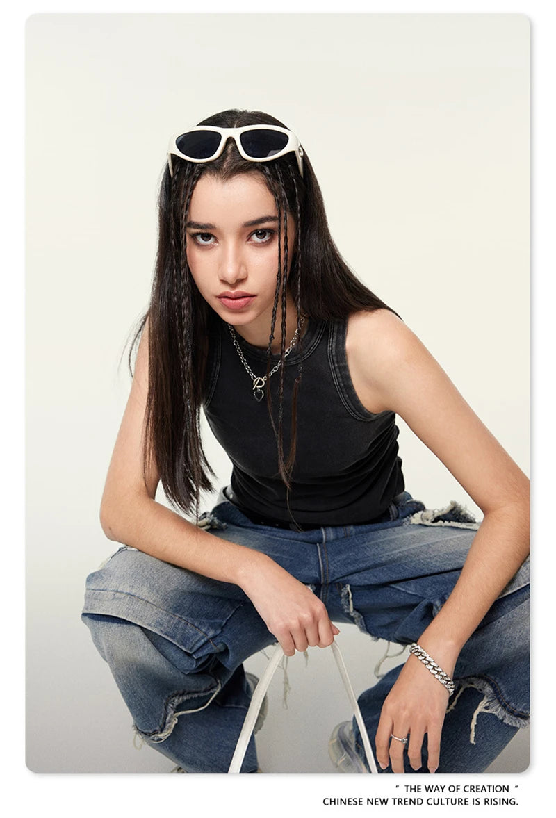 ZODF Women 2024 Summer Washed Tank Tops Female Hotsweet Girls 235gsm Slim Pleated Arc Hem Camisole TEE Streetwears HY0795