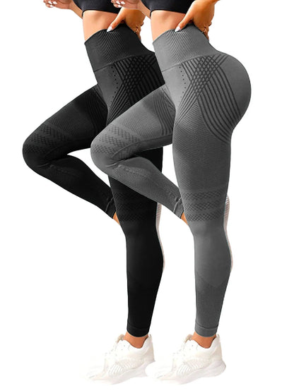 2 Pieces Women’s Push Up Workout Leggings Seamless Scrunch Butt Gym Pants - Black Grey / L