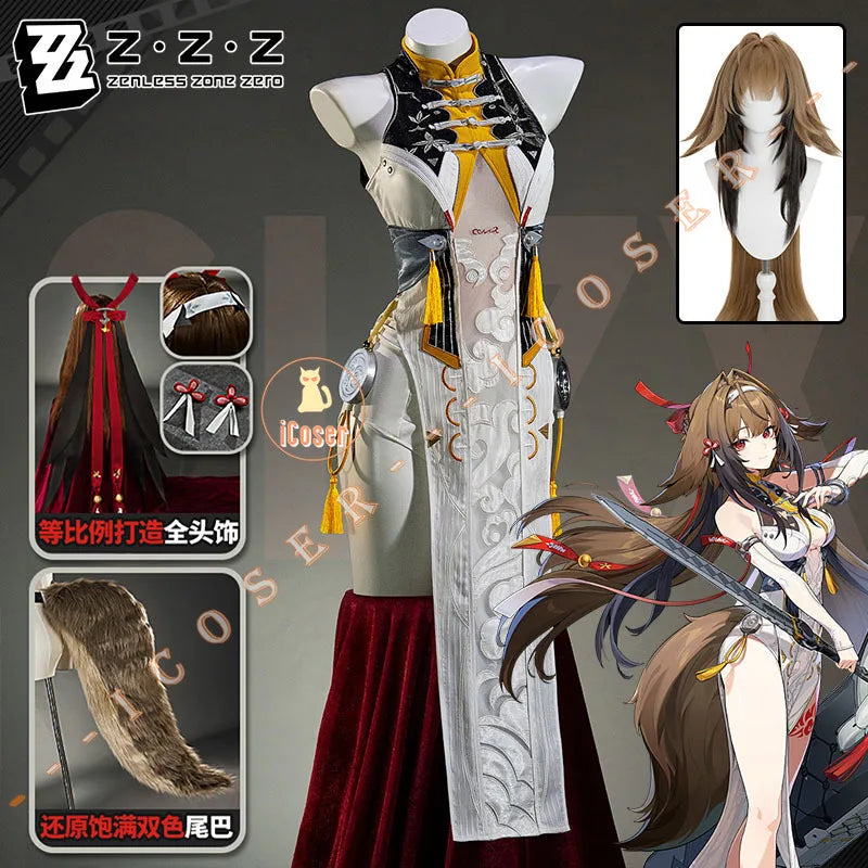 Zenless Zone Zero Ye Shunguang Cosplay Costume Wig Dress Cheongsam Headwear Tail Halloween Party for Women Girls Props iCoser