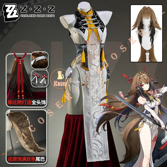 Zenless Zone Zero Ye Shunguang Cosplay Costume Wig Dress Cheongsam Headwear Tail Halloween Party for Women Girls Props iCoser