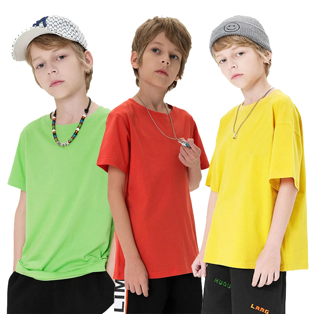 T Shirt Kids 100% Cotton Toddler Boy Tshirt Sport Fashion Teen Girl Tee 150 160cm Yellow Pink Summer Clothes Children's Clothing
