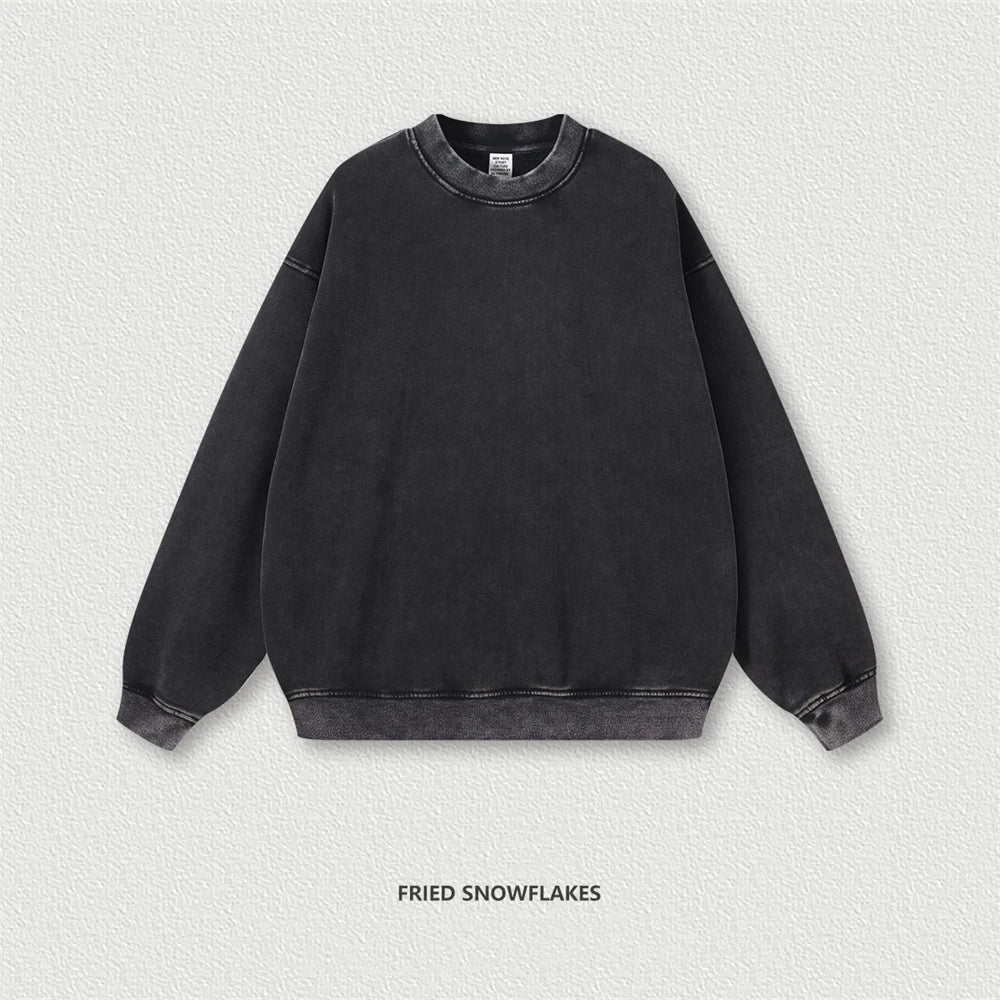 ZODF New Men Winter 355gsm Washed Fleece Sweatshirts Retro Unisex Oversized Solid O-Neck Warm Pullovers Coat Streetwears HY0639