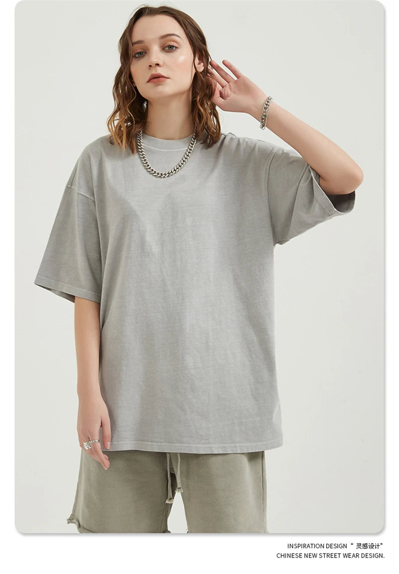 ZODF Men 2024 Retro Summer Washed Solid Cotton T-Shirts Unisex Retro Loose High Street 250gsm Basic Tees Streerwears HY0075