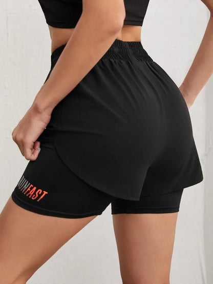 Women’s High Rise Elastic Waist Yoga Shorts with Fake Two-Piece Design for Running