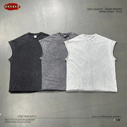 ZODF Trendy Summer Men Batik Washed 275gsm Cotton Tank Tops Unisex Oversized Loose Edge Sleeveless Vests Brand Tees HY1036