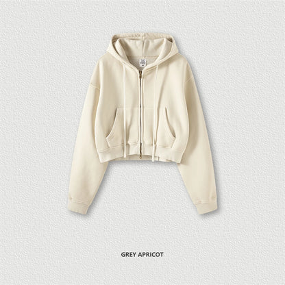 ZODF Retro 2025 Winter Women Short Zipper Hoodies Female Girls Loose 355gsm Thick Fleece Hooded Zip-up Coat Streetwears HY0448