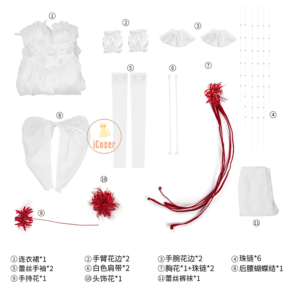 Wuthering Waves Phrolova Cosplay Costume Wig Dress White Spider Lily Layered Gown Headwear Halloween Party for Women Girls Props