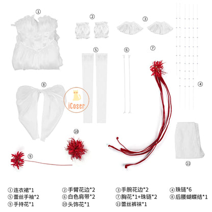 Wuthering Waves Phrolova Cosplay Costume Wig Dress White Spider Lily Layered Gown Headwear Halloween Party for Women Girls Props