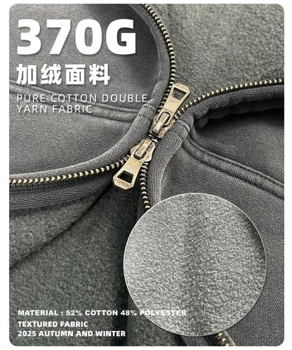 ZODF New 2025 Winter Man's Fleece Zipper Hoodies Unisex Retro 370gsm Loose Boxy Batik Washed Hooded Coats Sweatshirts HY1164