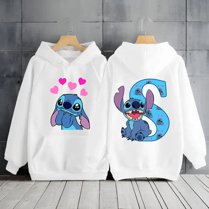 2025 Women's Winter Jacket Cute Kawaii Disney Lilo & Stitch Lucky Letter Print White Hoodie Fashion Couple Streetwear Sportswear