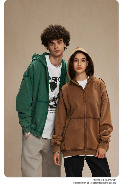 ZODF Retro Men's Heavyweight 450gsm Zipper Hoodies Unisex Loose Distressed Washed Batik Knitted Hooded Coat Jacket HY0889