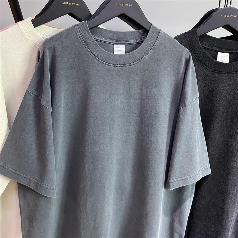 ZODF New Summer Solid Washed Cotton T-Shirts Streetwears For Men Unisex Retro High Street 275gsm Basic Tees Brand Tops HY0071