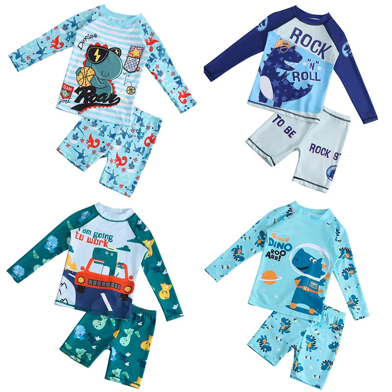 Boys Swimsuit 2 to 12 Years Split Long Sleeve Swimwear Sunscreen Water Suit Quick Drying Top+Shorts Hot Spring Summer Bath Suits