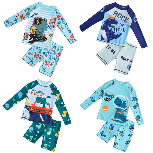 Boys Swimsuit 2 to 12 Years Split Long Sleeve Swimwear Sunscreen Water Suit Quick Drying Top+Shorts Hot Spring Summer Bath Suits