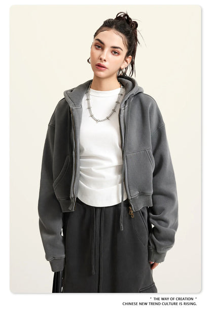 ZODF Retro 2025 Winter Women Short Zipper Hoodies Female Girls Loose 355gsm Thick Fleece Hooded Zip-up Coat Streetwears HY0448