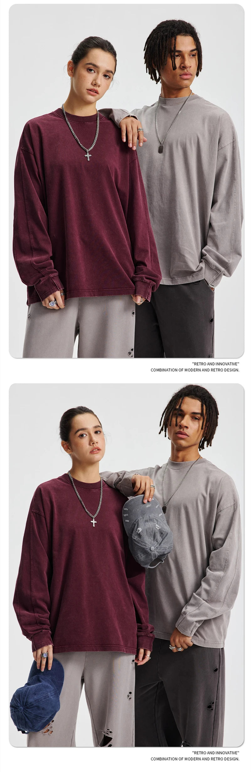 ZODF Retro 285gsm Batik Washed Cotton Man's T-Shirts Unisex Solid Loose Distressed Patchwork Full Sleeve Tee Shirt Tops HY1161