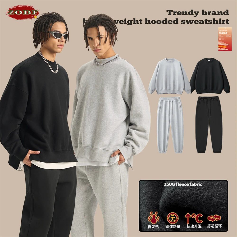 ZODF Fashion Men Winter Side Split Fleece Sweatshirt Winter Unisex Oversized 350gsm O Neck Warm Pullovers Brand Clothing HY0058